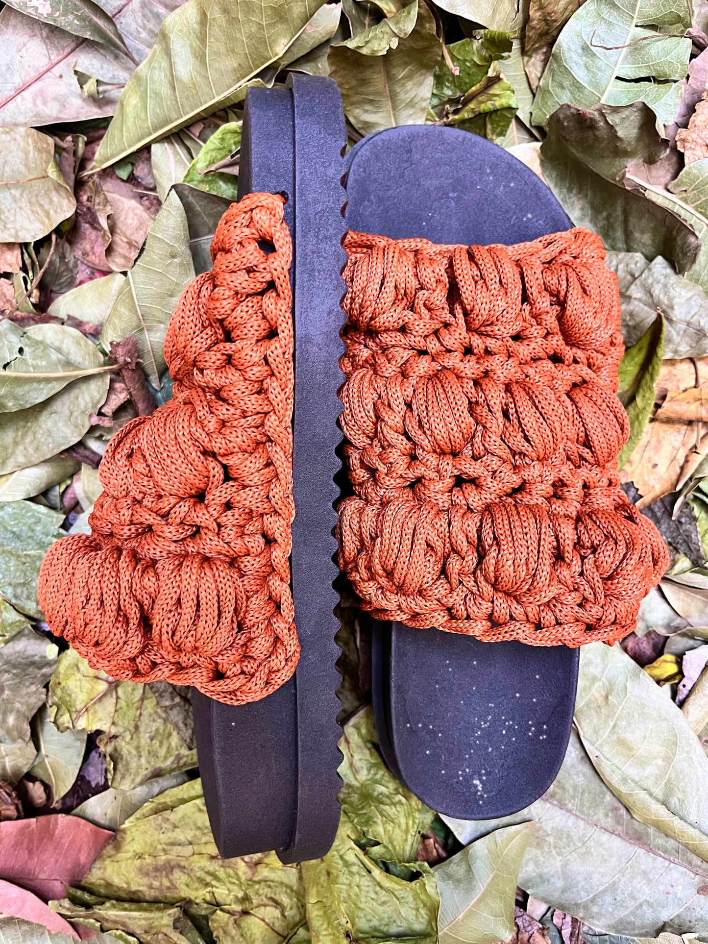 Crocheted sandals for the street, in the rain, on the farm | terracotta