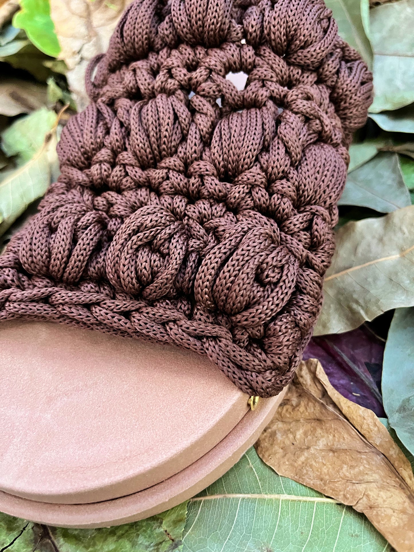 Crocheted sandals on the street, in the rain, on the farm | coffee