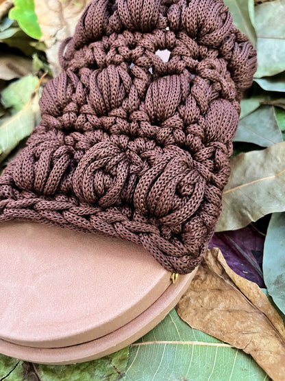 Crocheted sandals on the street, in the rain, on the farm | coffee