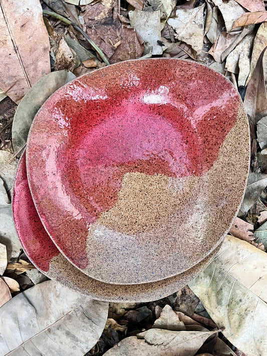 duo of shallow plates with cherry syrup
